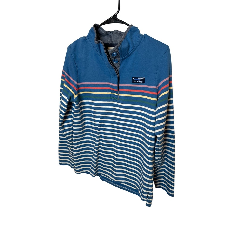 LL Bean Womens Blue Striped Quarter Button Cotton Pullover Sweatshirt M